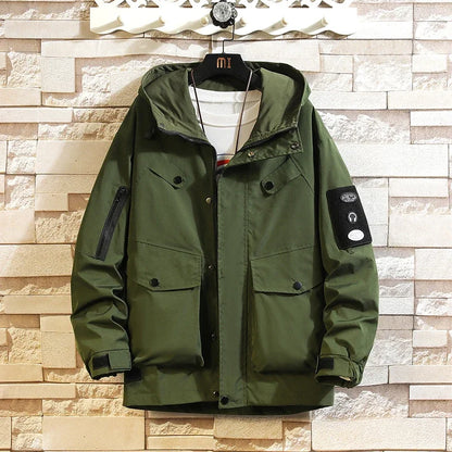 men jacket fashion 2024 army green punch jackets oversized hooded jacket collage zip design patch outdoor coat minimalist street pants
