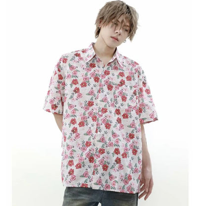 summer harajuku set mens flower print casual short sleeved top gradient straight leg jeans 2 pcs set high street trendy suit stacked flare jeans