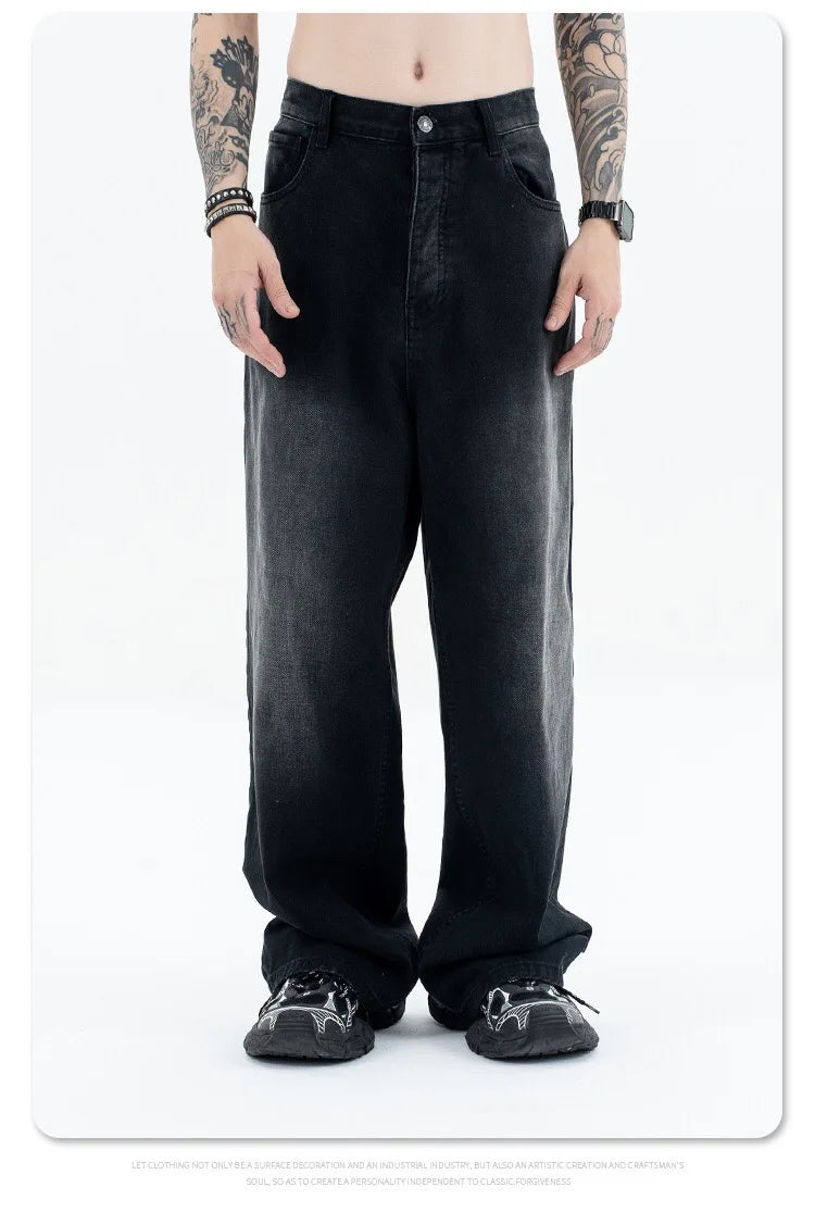 24Spring wash black ash straight tube baggy jeans Street King Limited