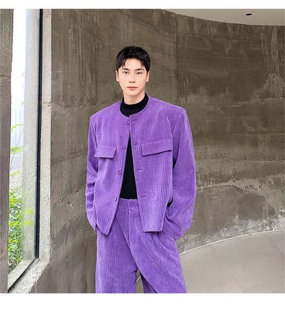 men 2 pieces sets corduroy short jacket wide leg pant suits korean streetwear fashion loose casual retro coat baggy trousers unique shorts style 2686