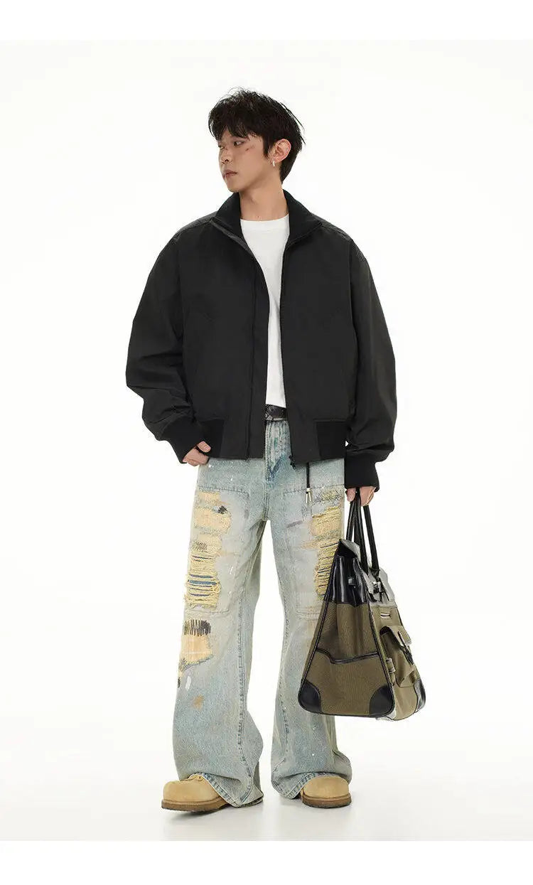 short design stand collar bomber jacket men korean streetwear fashion loose casual vintage bomber jacket coat cityboy outerwear unique shorts style 540