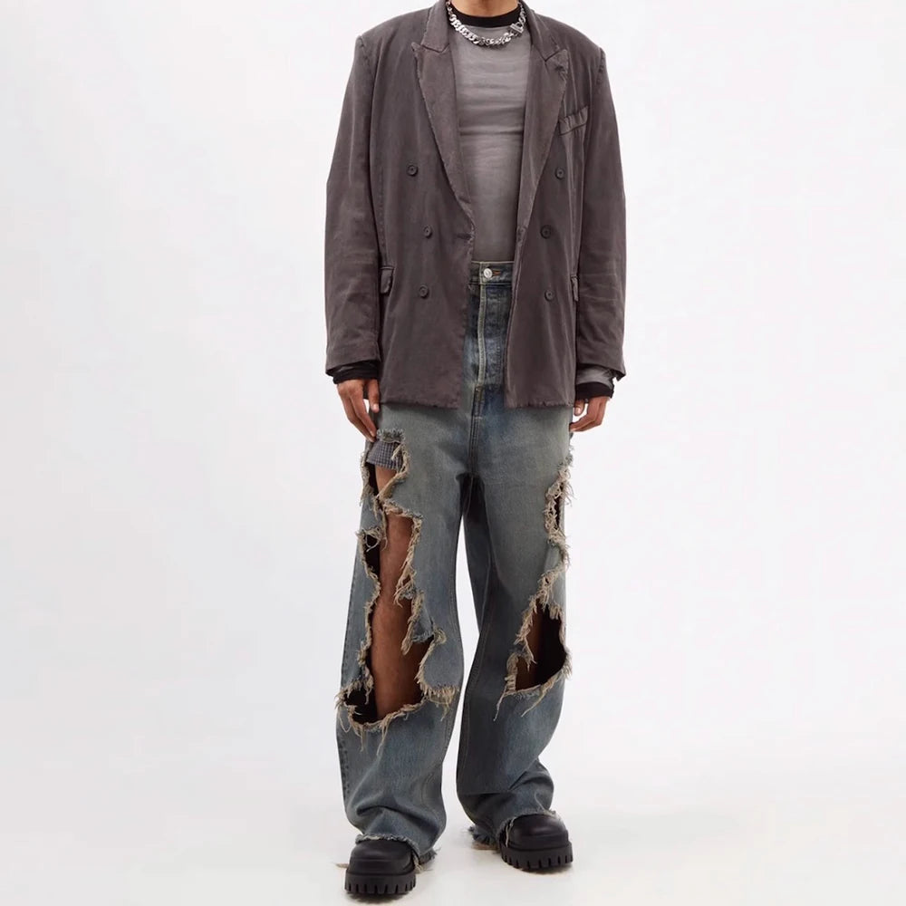 street wear retro hip hop distressed straight leg jeans vintage y2k tassel biker ripped denim pants mens washed destroyed jean stacked flare jeans