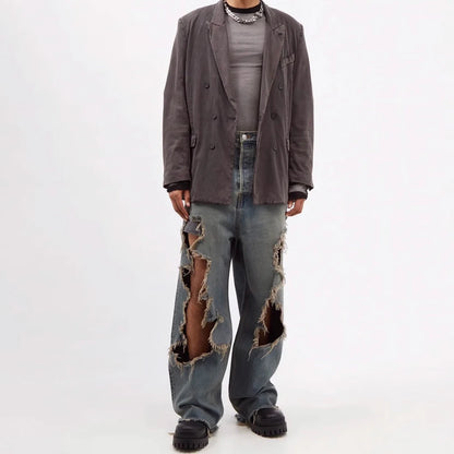 street wear retro hip hop distressed straight leg jeans vintage y2k tassel biker ripped denim pants mens washed destroyed jean stacked flare jeans