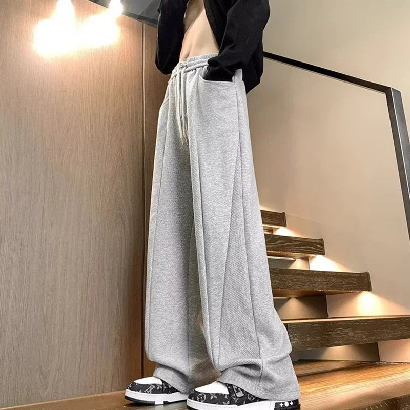 winter mens gray thickened straight leg sweatpants 2025 high street baggy drape pants korean fashion y2k casual trousers casual joggers