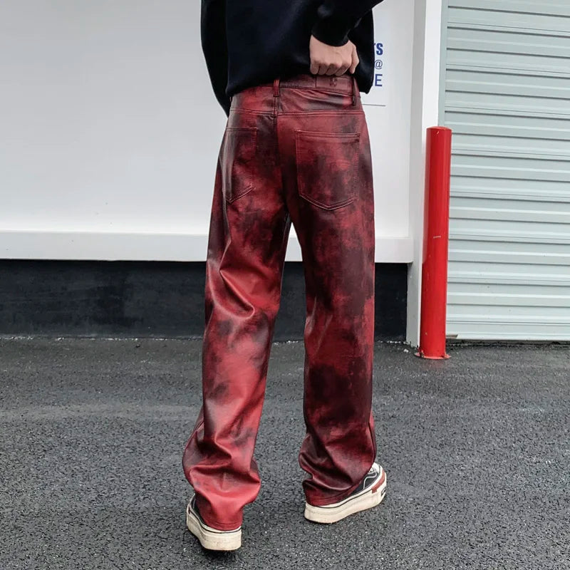men streetwear fashion hip hop punk gothic vibe casual straight leather pant man y2k trousers motorcycle pants stage clothing clean everyday pants