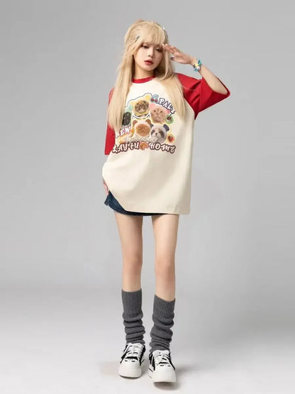 Cat t-shirt women printed raglan sleeves loose casual round neck cute couple half-sleeves y2k top women clothes harajuku kawaii Street King Limited
