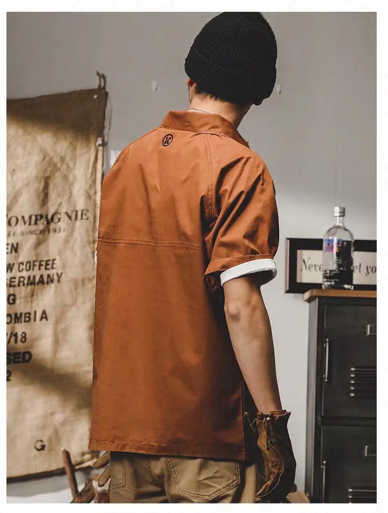 American Vintage Short-Sleeved T-Shirt Men's Summer Vintage Workwear Polo Shirt Loose And Versatile Five-Quarter Sleeve Top Street King Limited