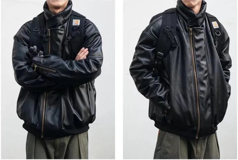 japanese street motorcycle set men thickened stand collar hip hop leather jacket harajuku casual pants 2 pcs bomber suit 2023 unique default style 4353