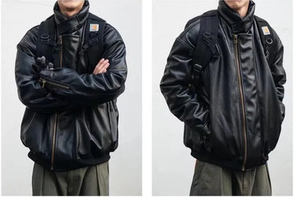 japanese street motorcycle set men thickened stand collar hip hop leather jacket harajuku casual pants 2 pcs bomber suit 2023 unique default style 4353
