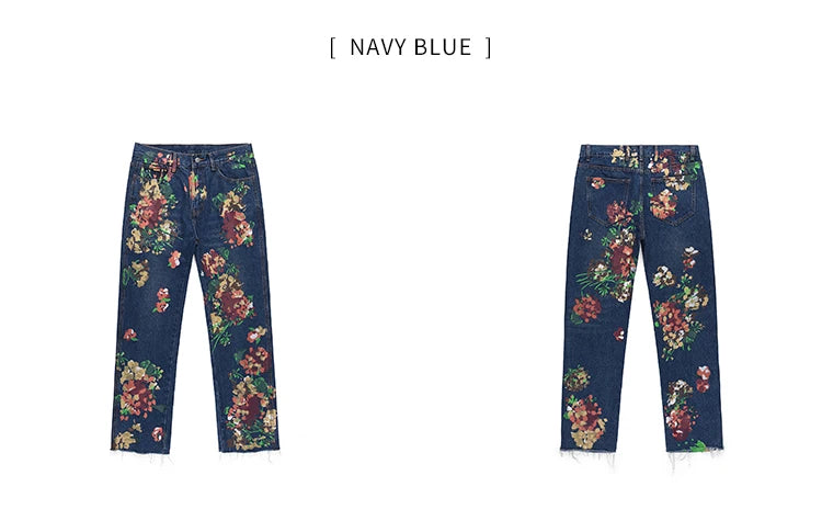 graffiti floral printed denim jean mens new casual zipper biker jeans fashion high street slim fit pants joggers hip hop jeans unique joggers style 563