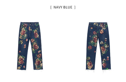 graffiti floral printed denim jean mens new casual zipper biker jeans fashion high street slim fit pants joggers hip hop jeans unique joggers style 563