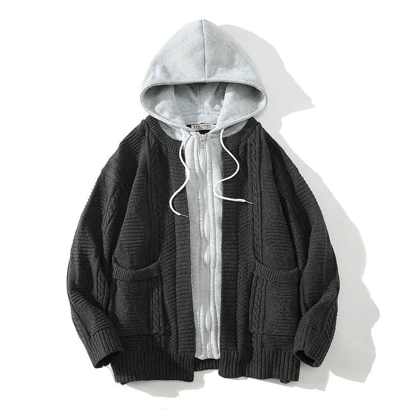 men hooded knitted cardigan sweater coat autumn winter fake two piece hooded drawstring jacket unisex streetwear clean everyday pants