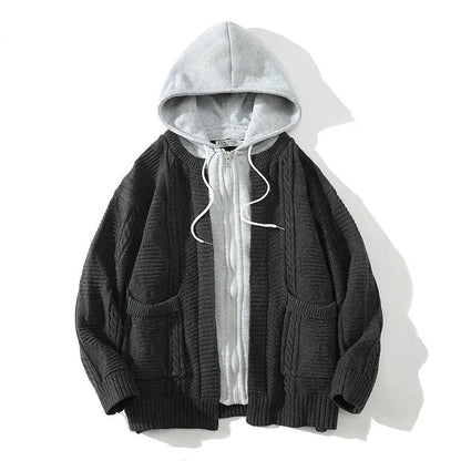 men hooded knitted cardigan sweater coat autumn winter fake two piece hooded drawstring jacket unisex streetwear clean everyday pants