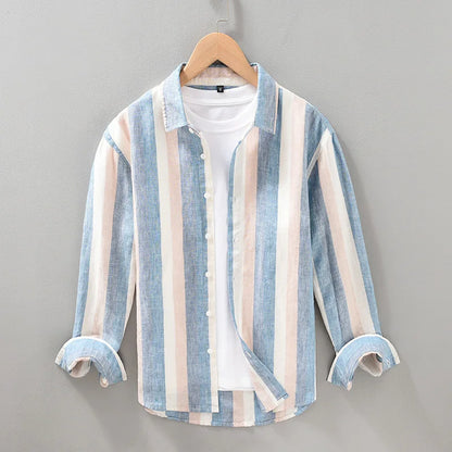 Linen Vertical Striped Long-Sleeved Shirt Men's Summer Thin Breathable Three-Quarter Sleeve Cotton And Linen Artistic Shirt Street King Limited