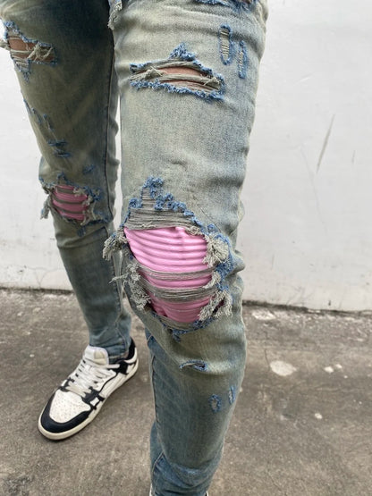 destroied ripped holes patckwork denim jean mens casual distressed washed biker jeans new fashion high street slim pants joggers sporty tapered joggers