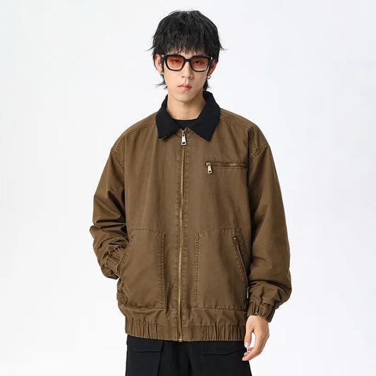 spring autumn american vintage motorcycle jacket men loose casual outdoor plus size cargo bomber jacket corduroy collar coat multi-pocket cargos
