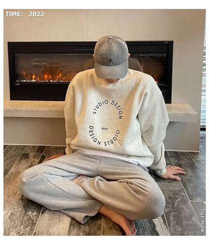 Cotton 2024 autumn and winter Korean style round neck sweatshirt men trendy brand handsome ins loose letter print top jacket emo Street King Limited