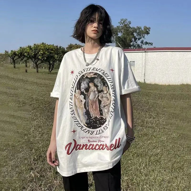Pure cotton American retro right shoulder T-shirt for men and women in summer versatile loose half-sleeved American short sleeve Street King Limited
