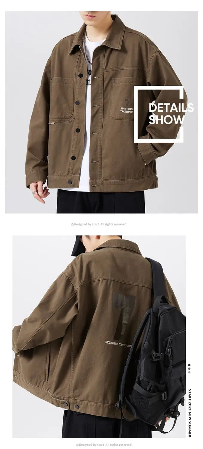 american retro workwear jacket for boys loose spring and autumn high street japanese style khaki casual trendy denim jacket tops unique jeans style 4894