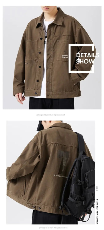 american retro workwear jacket for boys loose spring and autumn high street japanese style khaki casual trendy denim jacket tops unique jeans style 4894