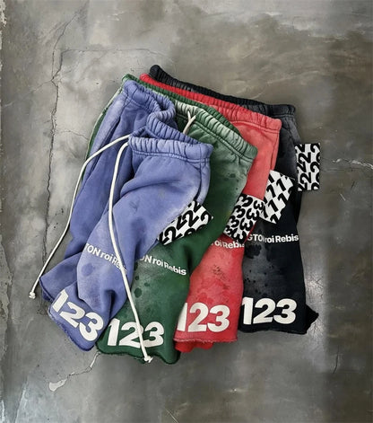 RRR123 2024 New Sports Shorts Heavyweight Washed Graffiti Print Vintage Drawstring Capris Casual High Street Loose Curled Y2K Street King Limited