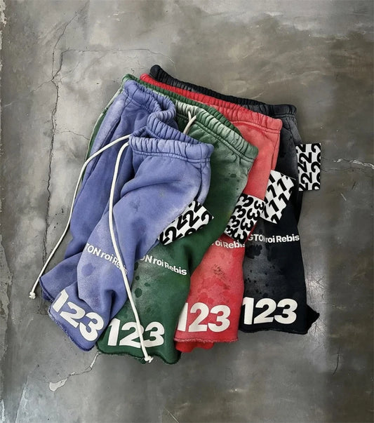 RRR123 2024 New Sports Shorts Heavyweight Washed Graffiti Print Vintage Drawstring Capris Casual High Street Loose Curled Y2K Street King Limited