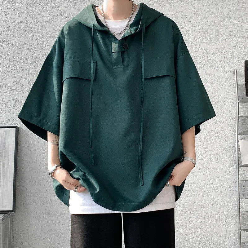 5 Colors Summer Hooded T shirt Men Korean Half Sleeve Pullover Streetwear Loose T-shirt Tops Drawstring Men Clothing Street King Limited