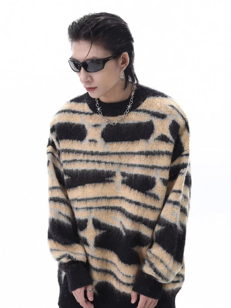 japanese hip hop sweater set men contrast zebra pattern round neck knit top splicing distressed loose jeans 2 pcs harajuku suit unique jeans style 3945