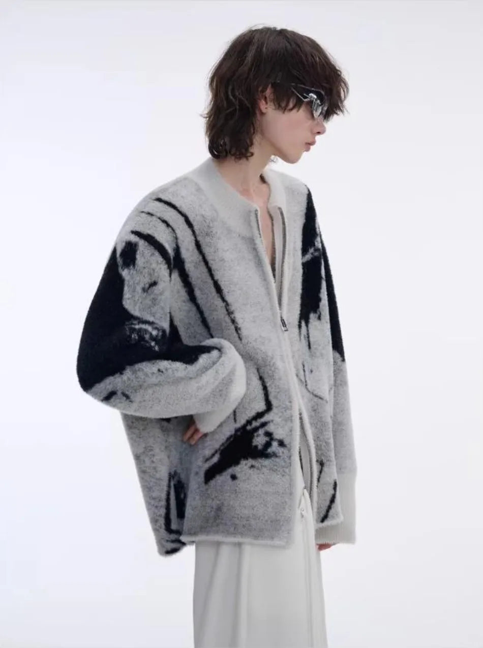 Color Blocked Gradient Cardigan Mens Imitation Mink Fur Jacquard Trend Couple Knitted Jacket Zipper High Street Sweater Coats Street King Limited