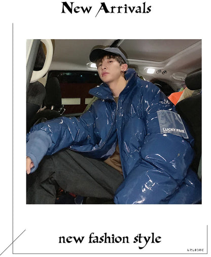 NEW Winter collar loose bright leather fabric jacket wind thick warm coat men women couple purple cotton clothing Street King Limited