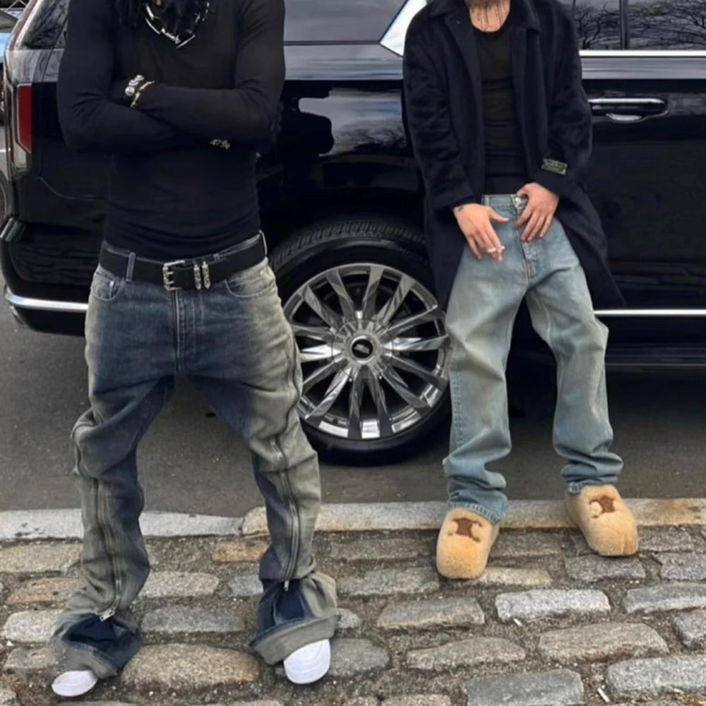 Ro Style Gradient Blue Horn Stacked Floor Dragging Jeans Unisex Streetwear Baggy Y2K Ribbons Zipper Denim Trousers Oversized Street King Limited