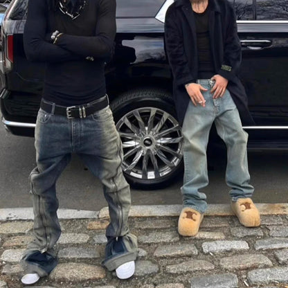 Ro Style Gradient Blue Horn Stacked Floor Dragging Jeans Unisex Streetwear Baggy Y2K Ribbons Zipper Denim Trousers Oversized Street King Limited