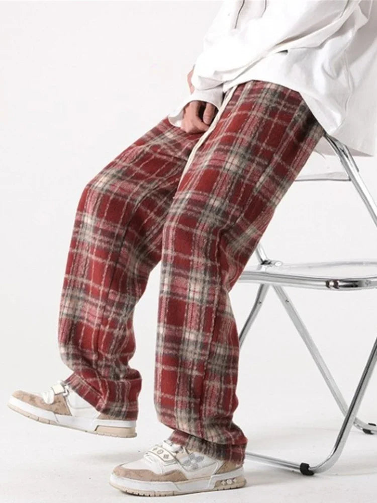 new mens y2k plaid casual baggy trousers autumn korean fashion straight woolen pants y2k vintage streetwear pantalones hombre unique default style 419