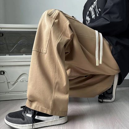 new korean fashion cargo straight pants for men autumn casual zipper pocket drawstring trousers classic tactical y2k pantalones 1 combat utility trousers