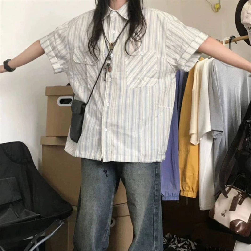 Korean Retro Blue Striped Short-sleeved Shirt for Women Summer 2024 New Niche Design Y2K Loose Half-sleeved Shirt Tops Street King Limited