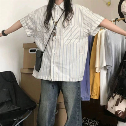Korean Retro Blue Striped Short-sleeved Shirt for Women Summer 2024 New Niche Design Y2K Loose Half-sleeved Shirt Tops Street King Limited