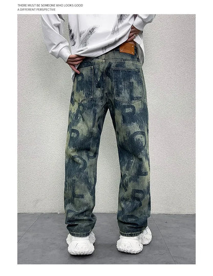 men loose casual american high street hip hop vibe printed denim baggy jeans pants man streetwear ripped jeans trousers unique jeans style 2977