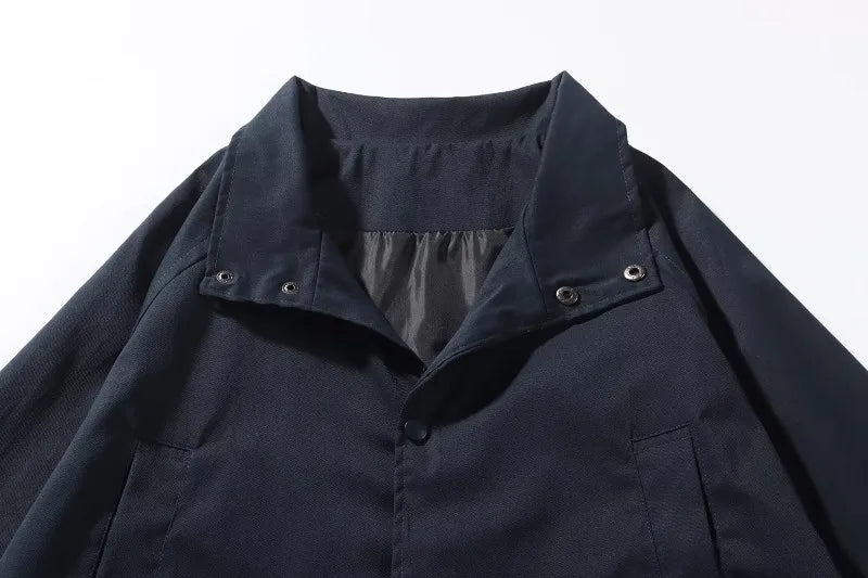 japanese spring jacket mens single breasted stand collar harajuku unisex coats solid big pocket drawstring casual men outwear unique default style 1893