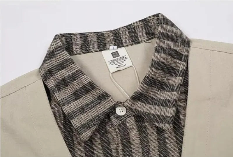 striped mens shirt jacket 2024 spring japanese street color blocked fake two coats vest tooling trend zipper long sleeved tops unique default style 2398