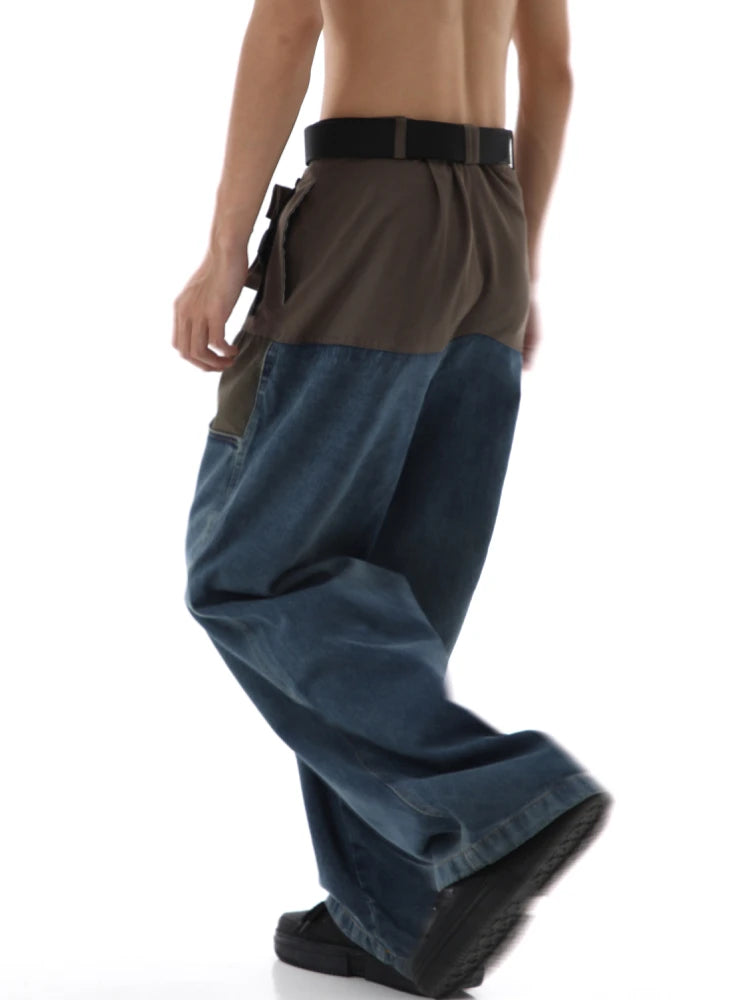 high street cargo pocket patchwork denim jeans pants unisex fashion loose wide leg straight functional tactics pants joggers men urban active pants