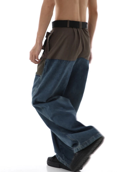 high street cargo pocket patchwork denim jeans pants unisex fashion loose wide leg straight functional tactics pants joggers men urban active pants