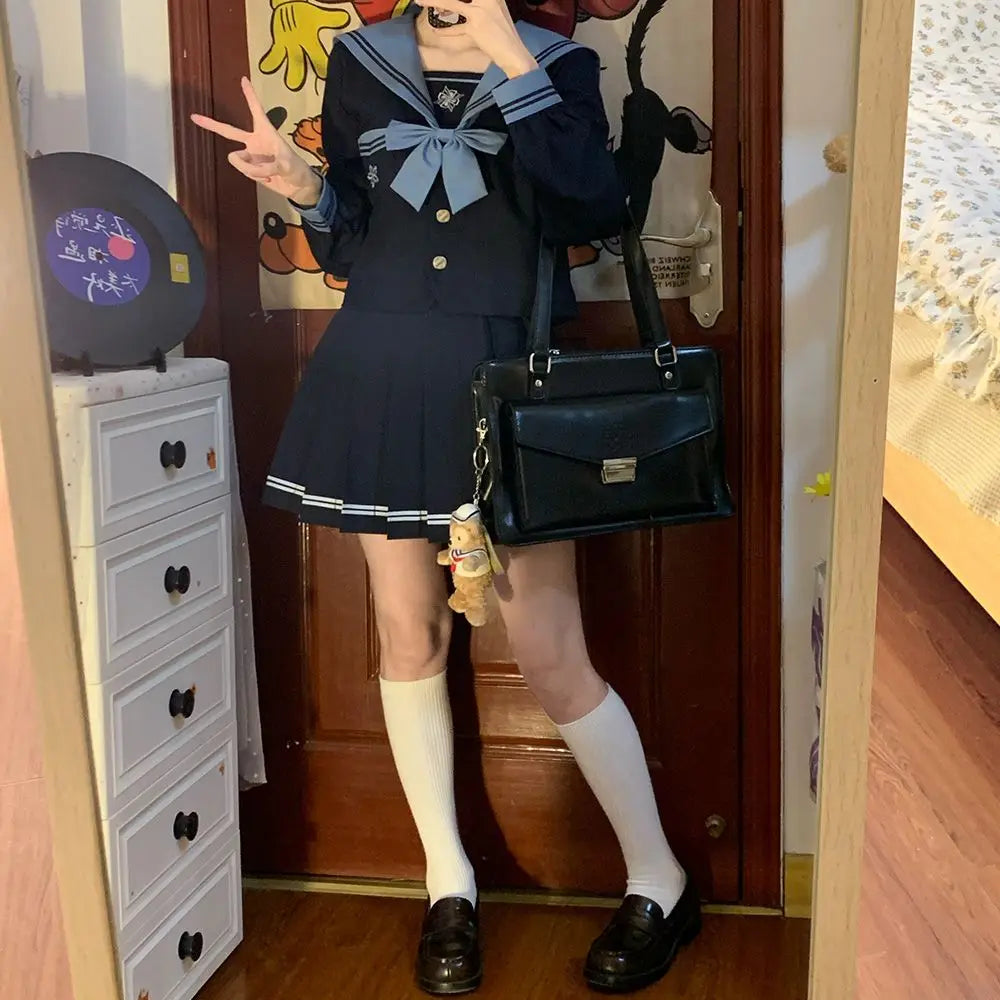 Student Union JK Uniform Sailor Suit Blue Skirt Long Sleeve Navy Collar Bow Tie Two Colors Two-piece Set Vitality Kawaii Street King Limited