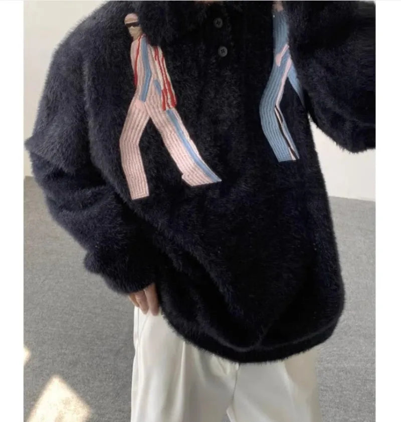 Korean Embroidery Lapel Sweater Mens Spring Street Trends Soft Seahorse Hair Loose Pullover Thickening Y2K Couple Knitwear New Street King Limited