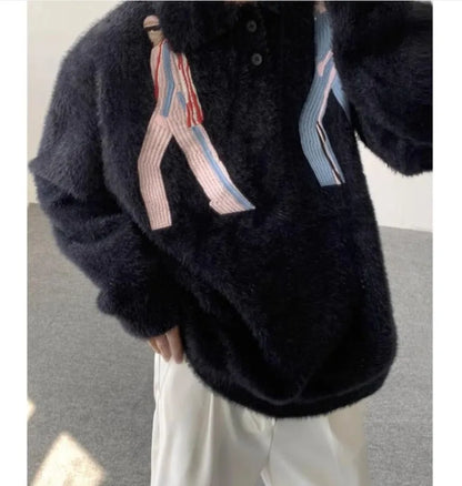 Korean Embroidery Lapel Sweater Mens Spring Street Trends Soft Seahorse Hair Loose Pullover Thickening Y2K Couple Knitwear New Street King Limited