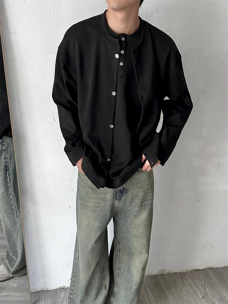 Streetwear New Casual Fake Two Piece Sweatshirts For Men Solid Color Henley Neck 2024 New Casual Fake Two Piece Sweatshirts For Men Solid Color Henley Neck Button Jackets Korean Fashion Loose Y2K Sudaderas Fashion Sweater Jacket With Graphic Design For Men