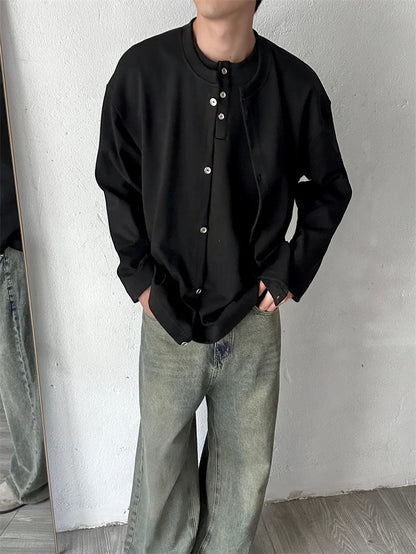 Streetwear New Casual Fake Two Piece Sweatshirts For Men Solid Color Henley Neck 2024 New Casual Fake Two Piece Sweatshirts For Men Solid Color Henley Neck Button Jackets Korean Fashion Loose Y2K Sudaderas Fashion Sweater Jacket With Graphic Design For Men