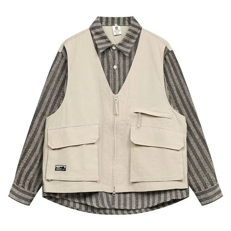 striped mens shirt jacket 2024 spring japanese street color blocked fake two coats vest tooling trend zipper long sleeved tops unique default style 2403