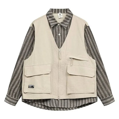 striped mens shirt jacket 2024 spring japanese street color blocked fake two coats vest tooling trend zipper long sleeved tops unique default style 2403