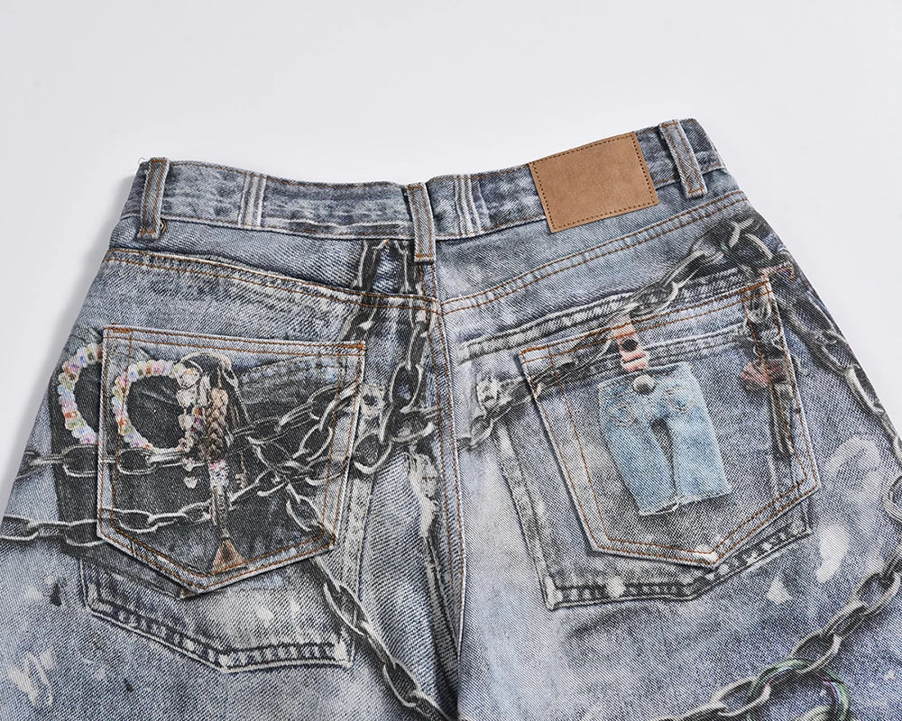 high street chain print frayed washed baggy jeans for men and women y2k casual loose denim trousers ropa hombre casual pants unique jeans style 407