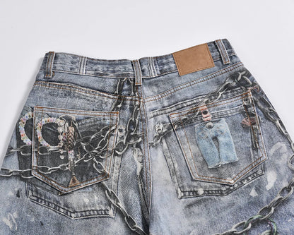 high street chain print frayed washed baggy jeans for men and women y2k casual loose denim trousers ropa hombre casual pants unique jeans style 407
